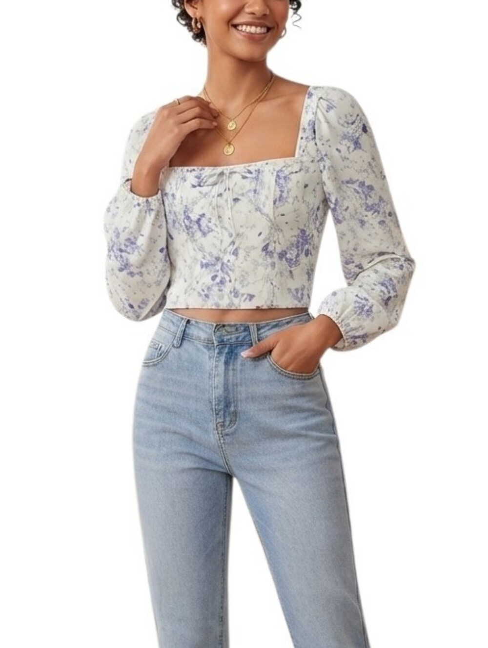 NEW Joie Linen Blend Floral Square-Neck Smocked Long Sleeve Crop Top Womens Sz M